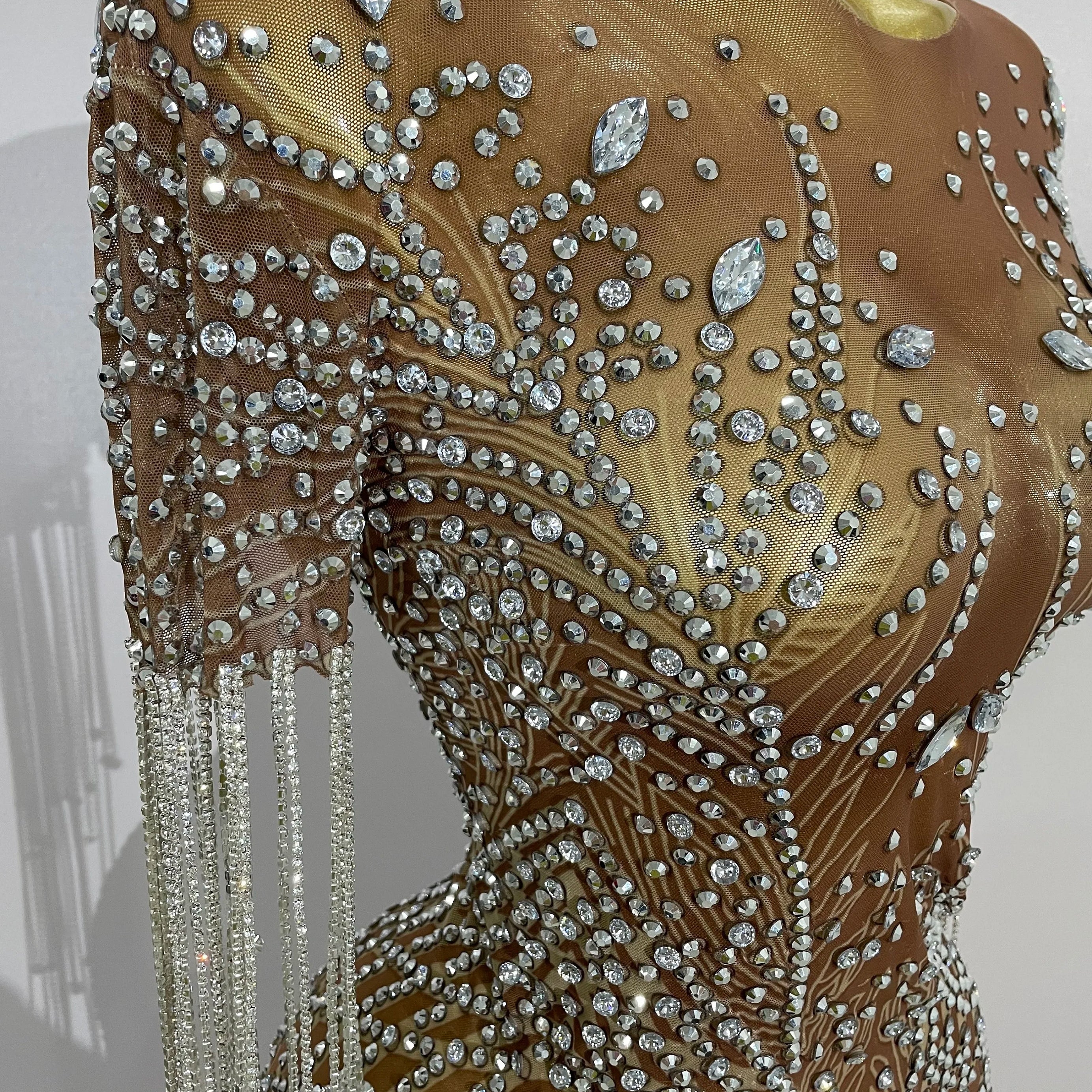 Luxery Sparkly Rhinestones Tassel Transparent Mesh Stretch Long Dress Women Evening Celebrate Birthday Dress Sexy Stage Costumes