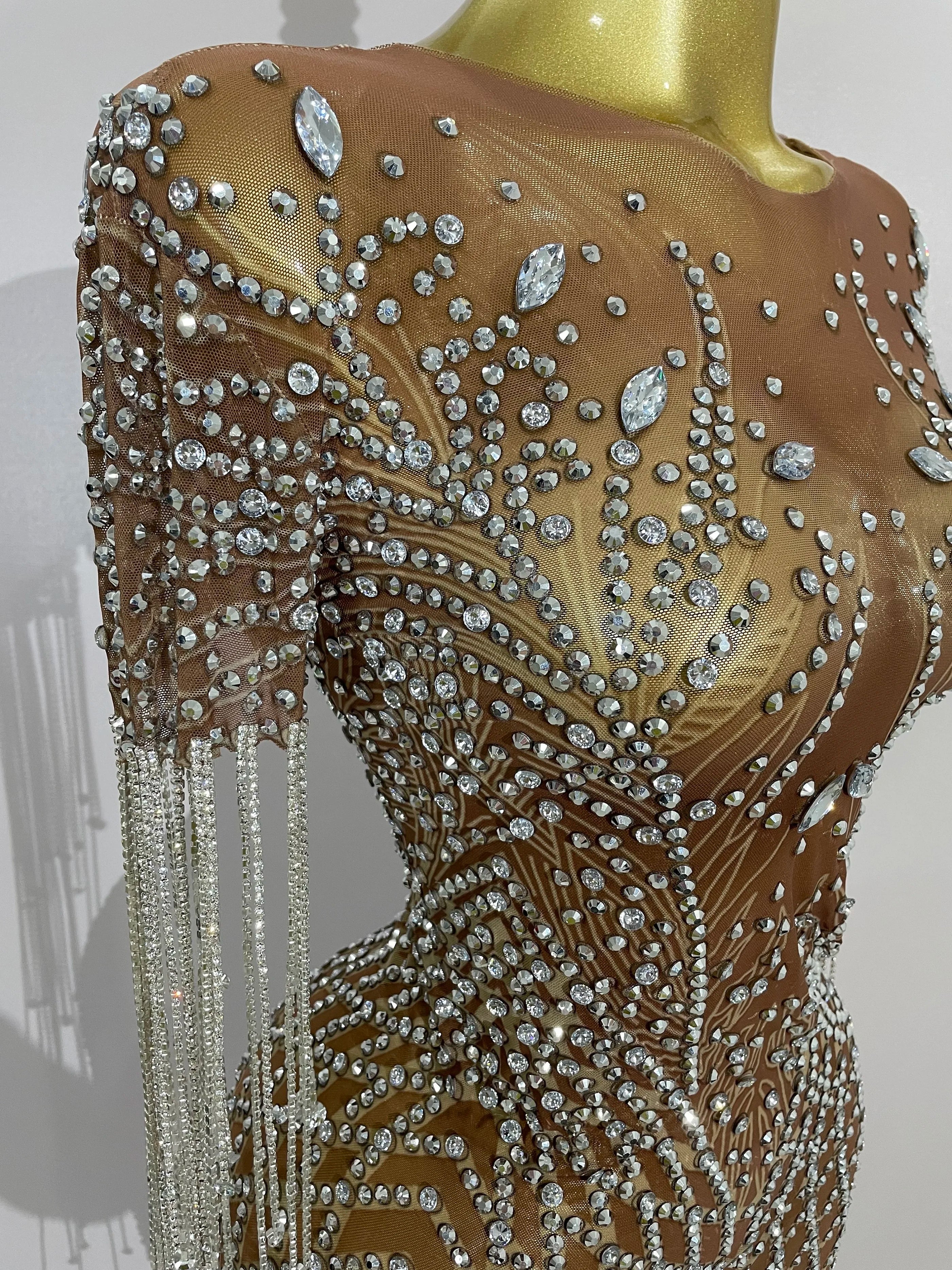 Luxery Sparkly Rhinestones Tassel Transparent Mesh Stretch Long Dress Women Evening Celebrate Birthday Dress Sexy Stage Costumes