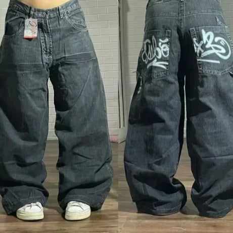Jean tendance streetwear brodé de têtes de mort pour femme, style Harajuku Y2K, pantalon droit à jambes larges, style Joker, jean décontracté pour couple