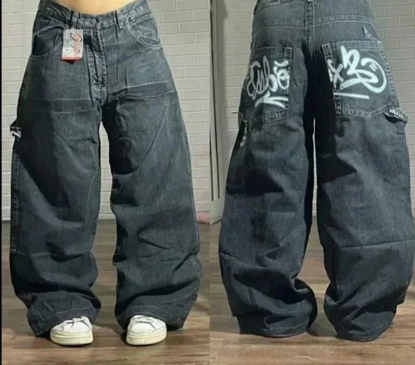 Jean tendance streetwear brodé de têtes de mort pour femme, style Harajuku Y2K, pantalon droit à jambes larges, style Joker, jean décontracté pour couple