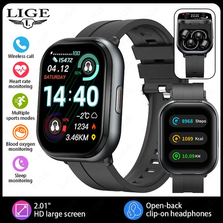 LIGE New Open-back Cip-on Headphones Smart Watch For Men Women 2.01” HD Screen Massive Watch Faces Bluetooth Call Smartwatches