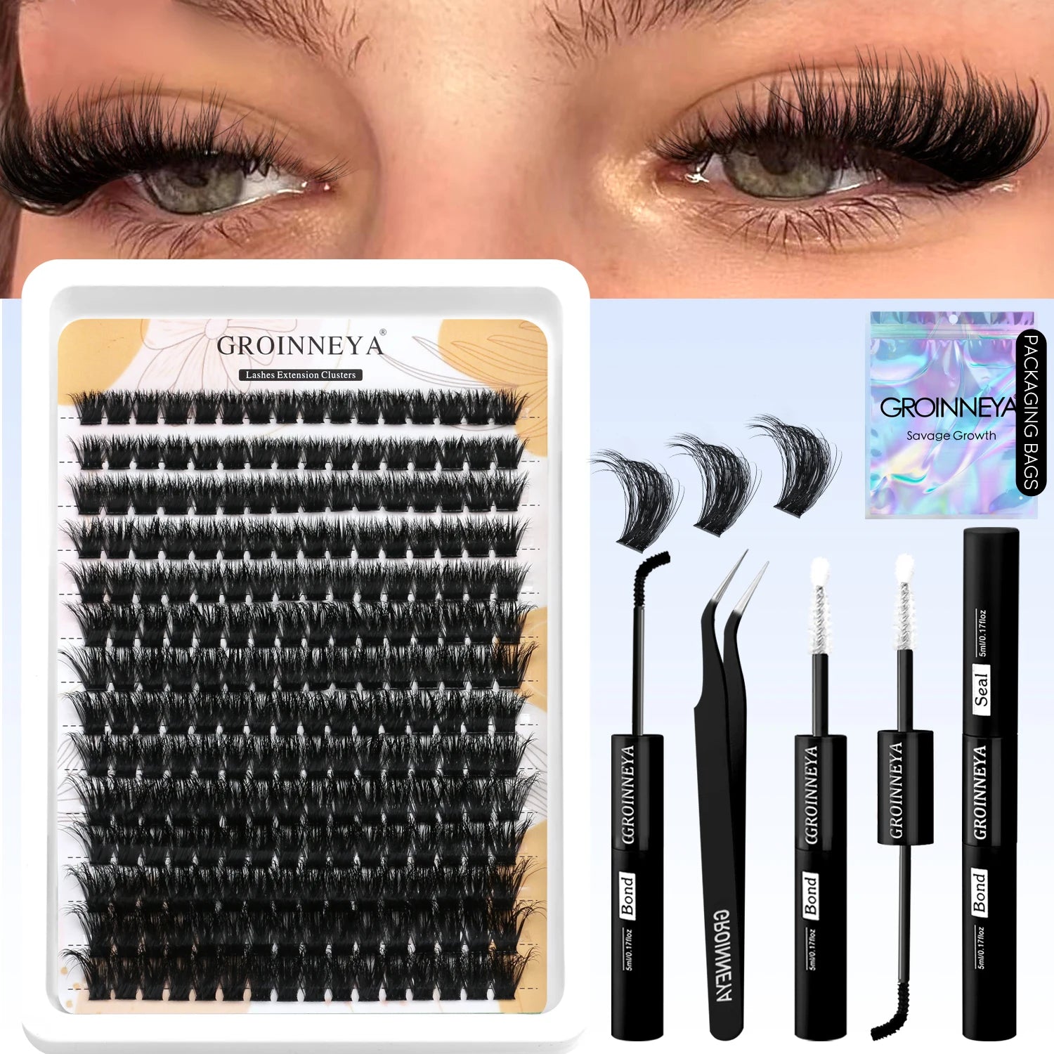 Kit de faux cils GROINNEYA avec patchs waterproof à tenue forte, kit d'extension de cils à faire soi-même, colle et fixateur, pince à épiler et maquillage.