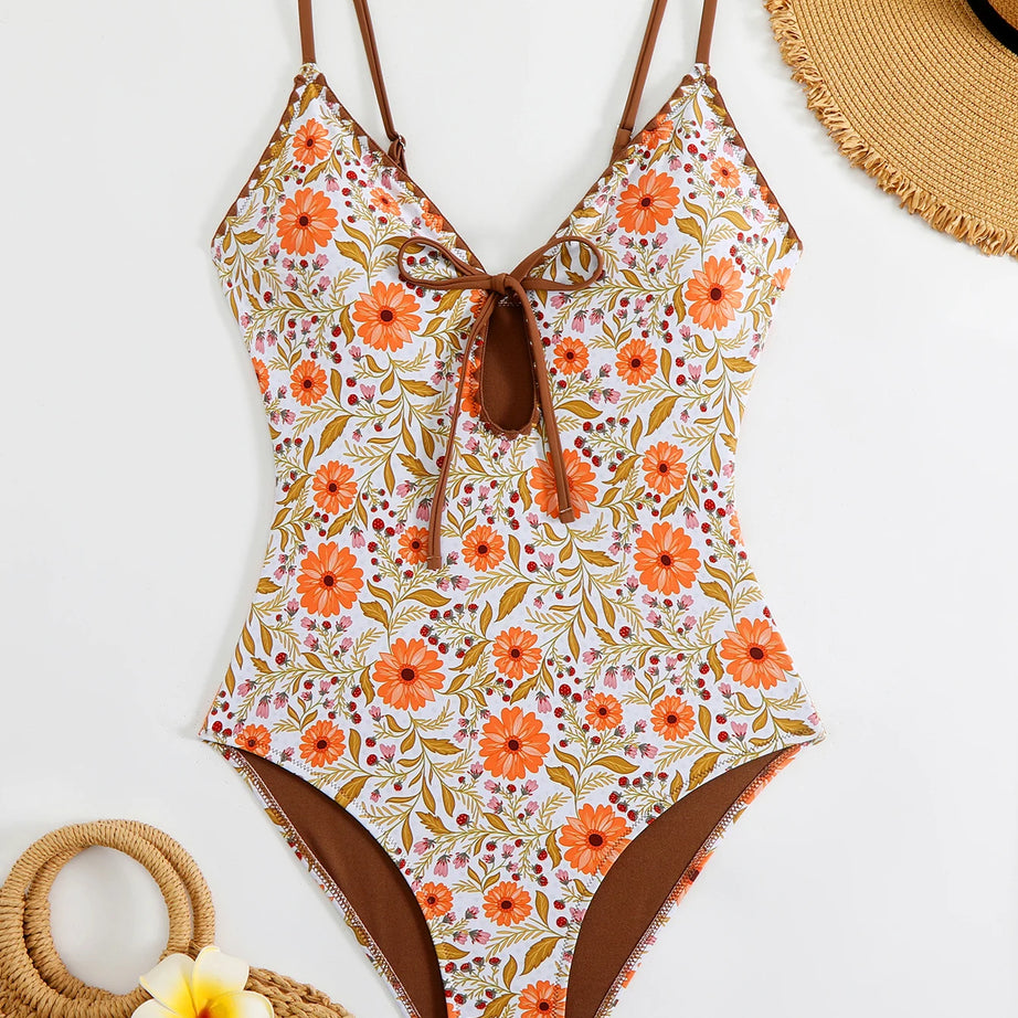 Maillot de bain une pièce imprimé 2026 pour femme, à lacets, body push-up, monokini, tenue de plage d'été