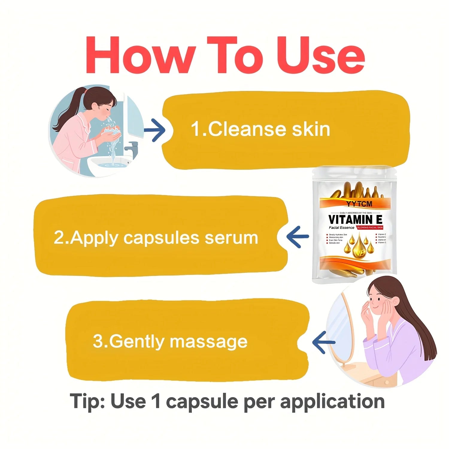 Capsules d'essence hydratante intense à la vitamine E, hydrate et lisse la peau, contient du squalane végétal et de la vitamine C. Essence hydratante et illuminatrice pour le teint (0,4 g x 30 capsules) / 1 sachet