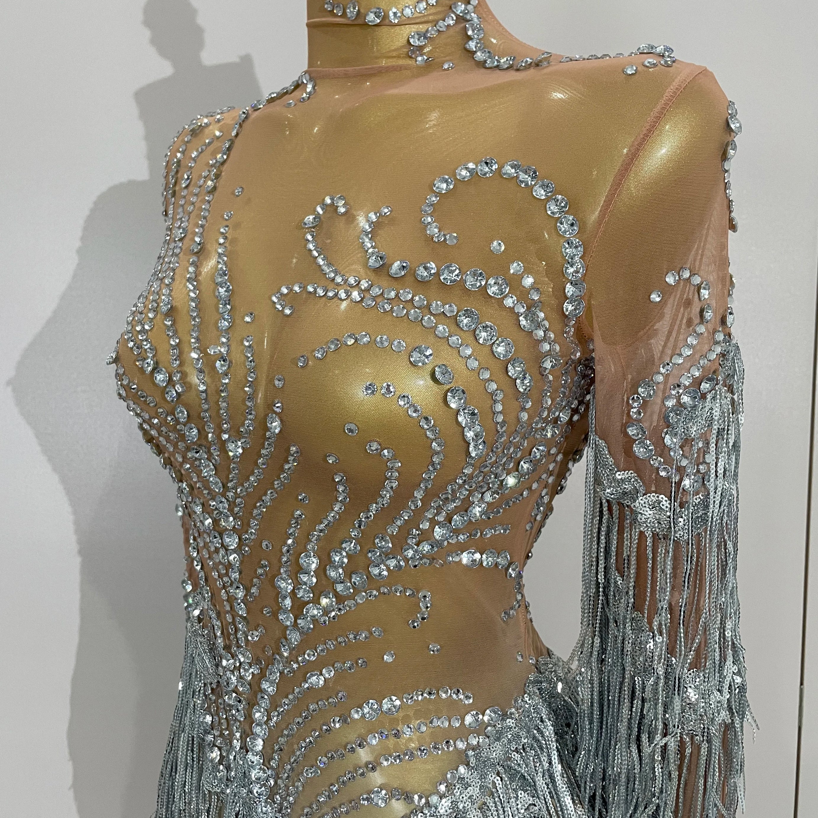 Women Sparkly Rhinestone Pearl Sequins Tassel Sexy Transparent Dress Evening Birthday Party Nightclub Dance Singer Stage Outfit