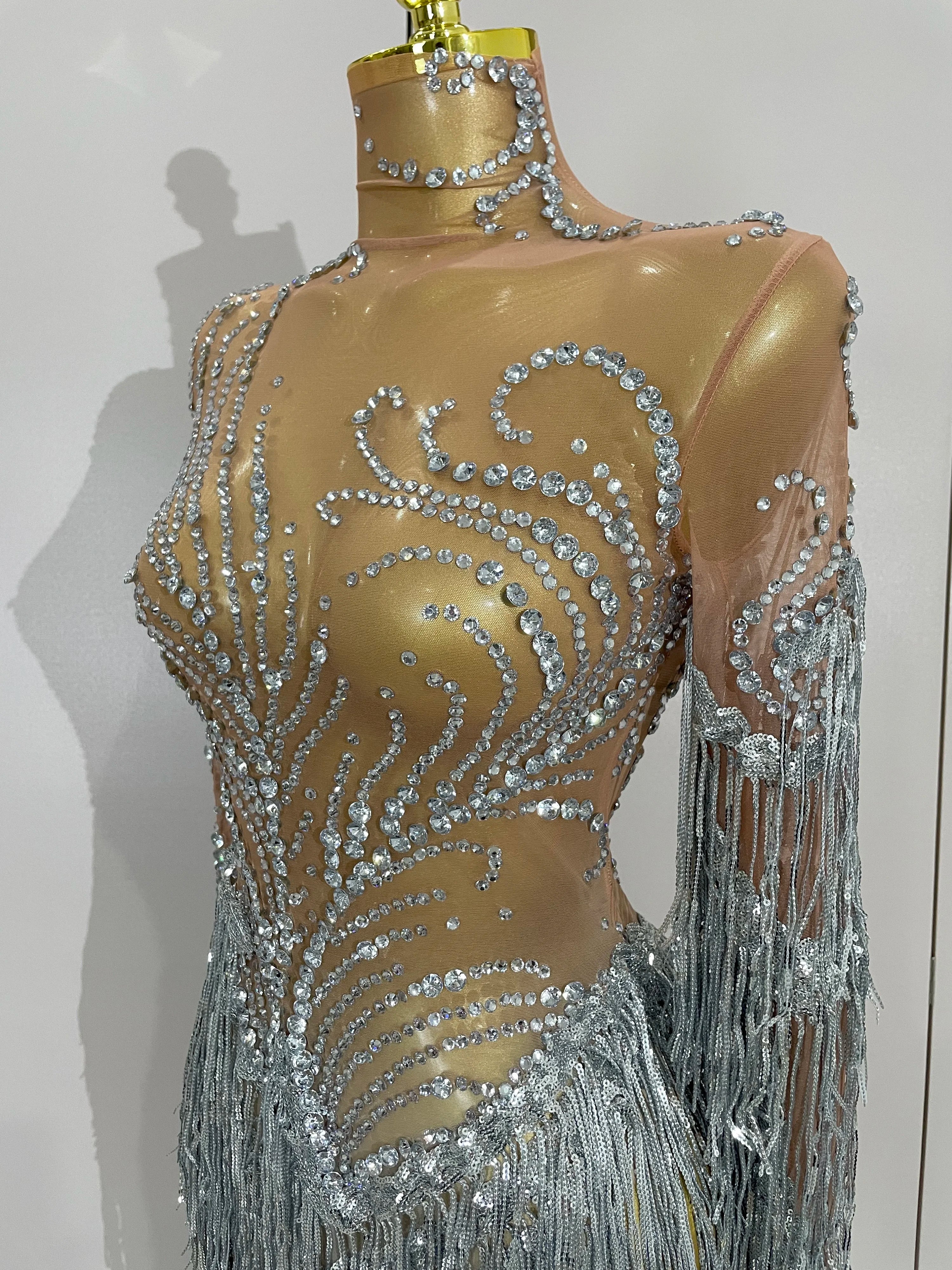 Women Sparkly Rhinestone Pearl Sequins Tassel Sexy Transparent Dress Evening Birthday Party Nightclub Dance Singer Stage Outfit