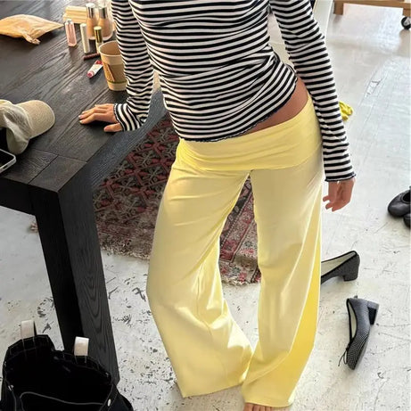 Pantalon large femme, couleur unie, taille repliable, pantalon décontracté printemps automne, pantalon de jogging ample, style streetwear Y2K