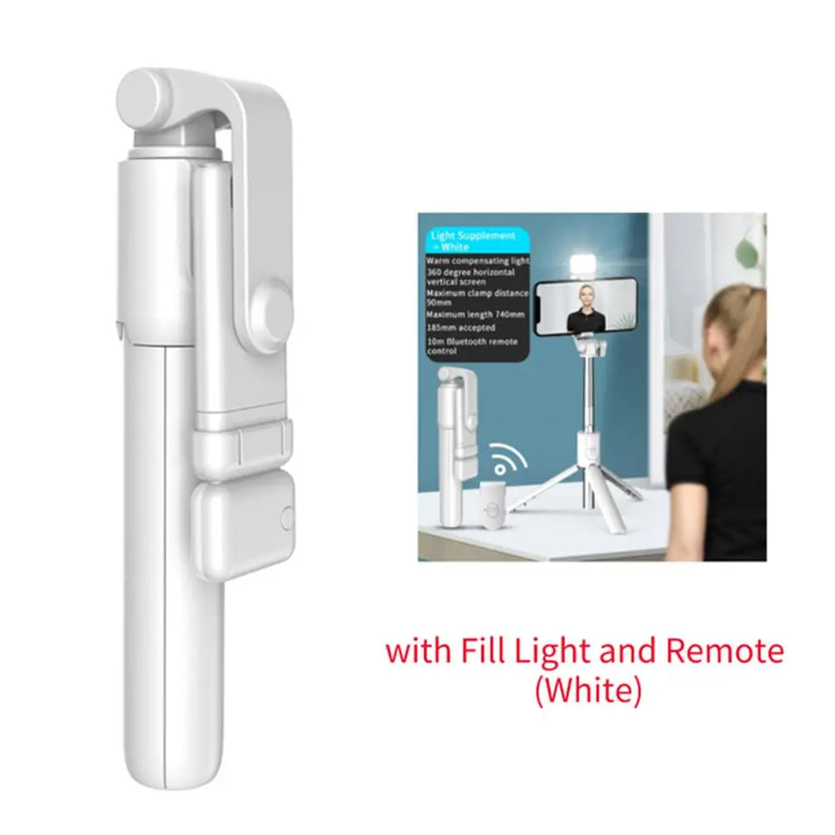 Perche à selfie sans fil avec support de téléphone, mini trépied multifonctionnel rétractable de 74 cm, lampe selfie LED et déclencheur à distance Bluetooth.