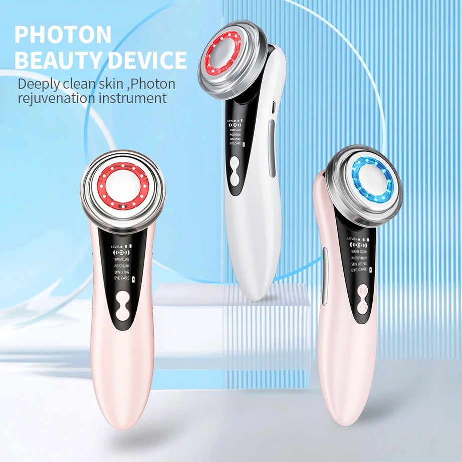 Appareil de massage facial EMS 7 en 1, instrument de beauté pour le visage avec vibrations induites, compresses chaudes et thérapie par la lumière LED.