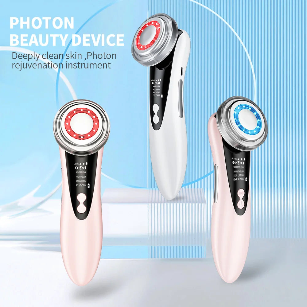 Appareil de massage facial EMS 7 en 1, instrument de beauté pour le visage avec vibrations induites, compresses chaudes et thérapie par la lumière LED.