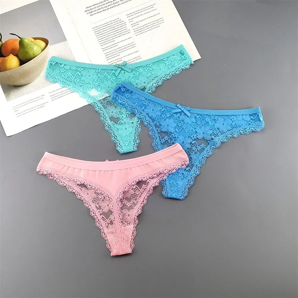 Lot de 3 culottes string sexy en dentelle transparente pour femme, sans coutures, style bikini, taille basse, tailles S à XXL
