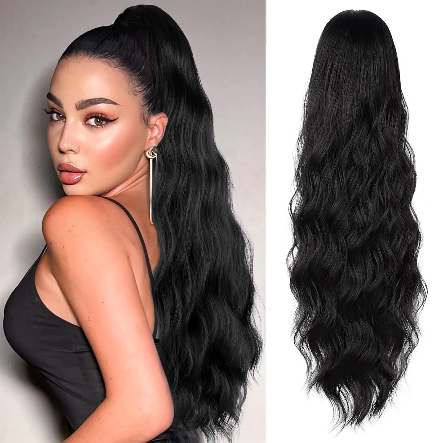 Queue de cheval ondulée longue de 45/65/75 cm avec cordon de serrage pour femme, extension de cheveux synthétiques marron pour un usage quotidien