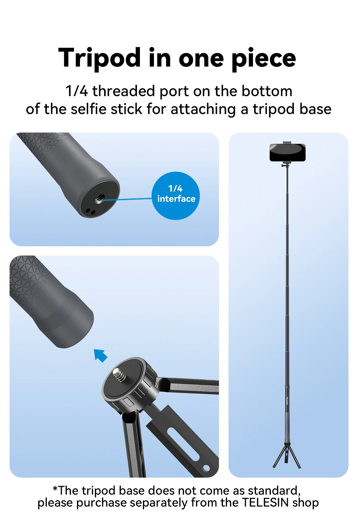 Perche à selfie monopode extensible TELESIN en fibre de carbone de 1,2 m x 3 m, avec vis 1/4", compatible avec les caméras d'action GoPro, Insta360, Osmo Action et DJI.