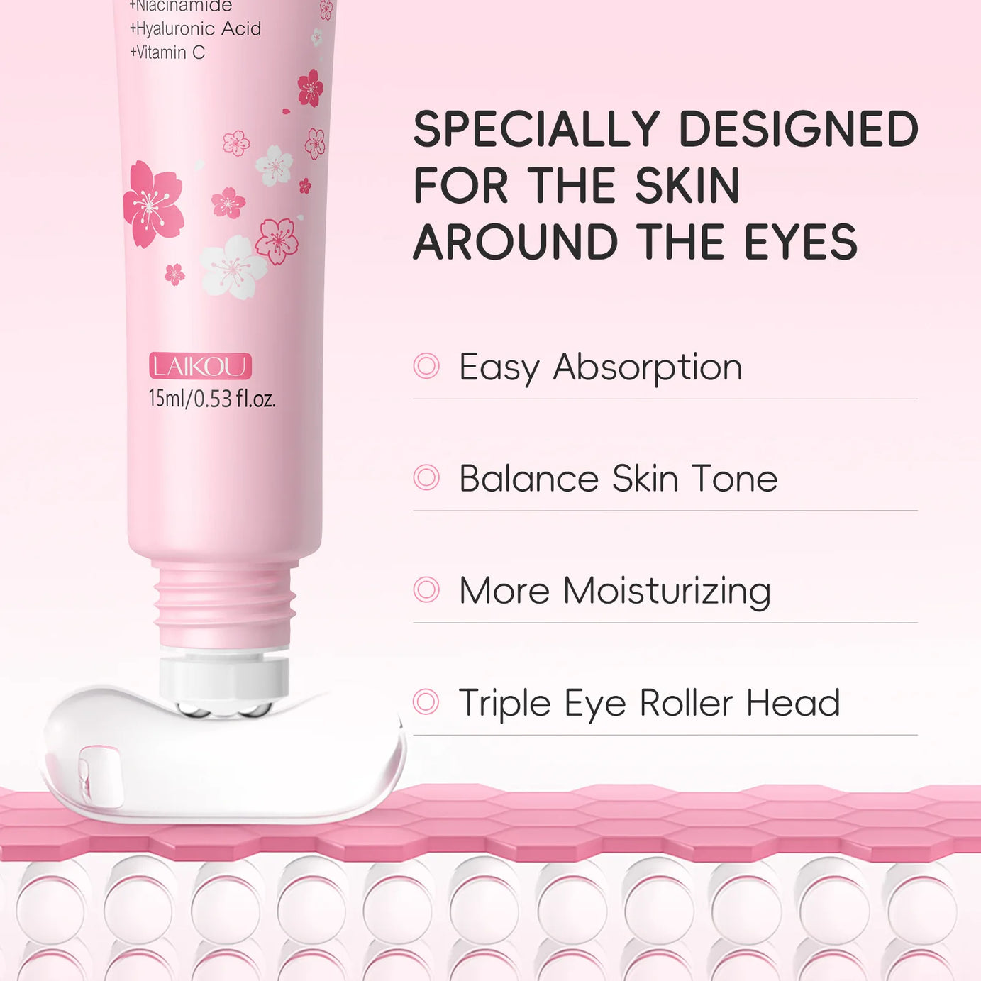 LAIKOU Sakura Eye Serum Roller Massage con ácido hialurónico para el cuidado de la piel, bolsas en los ojos, crema hidratante para ojeras 15 ml