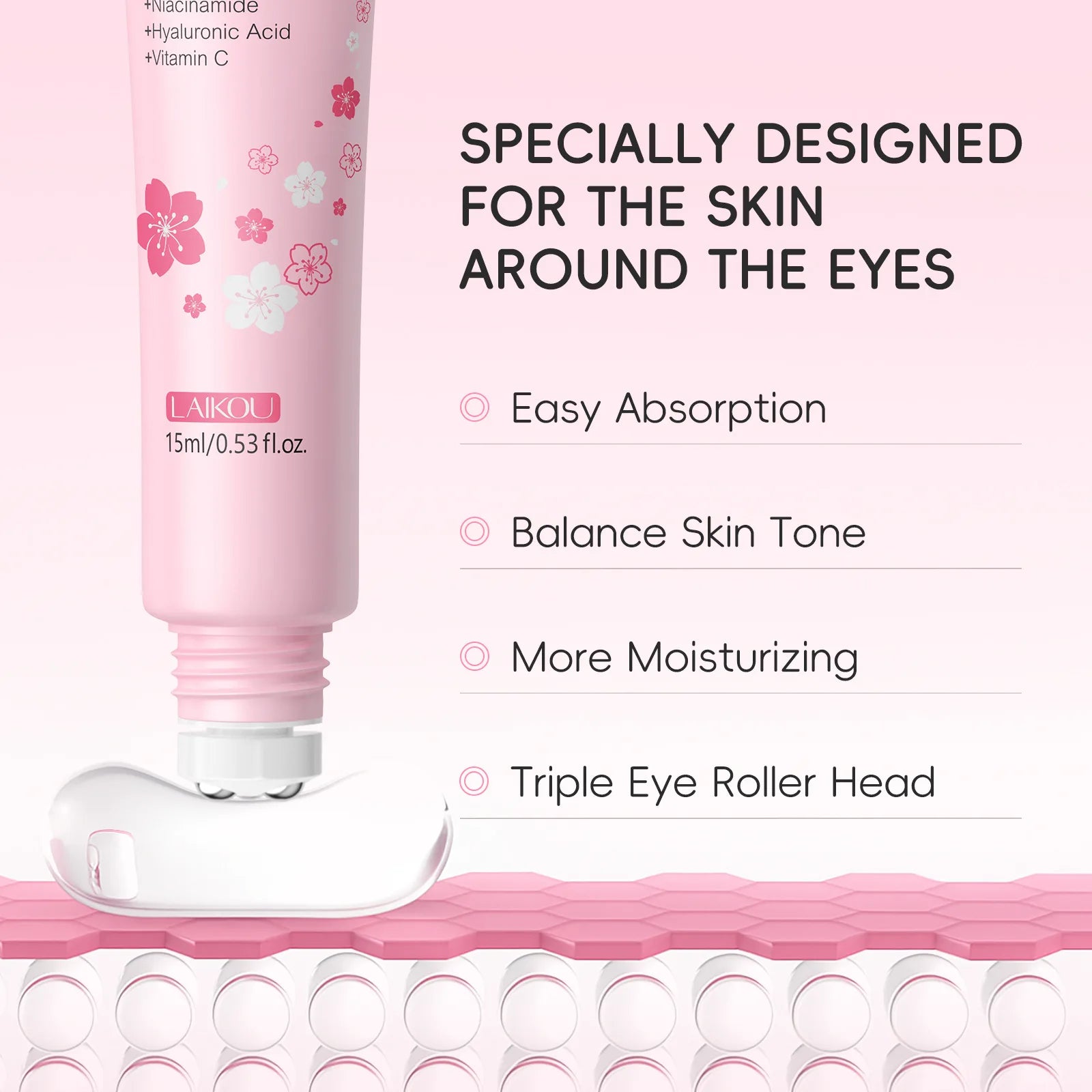 LAIKOU Sakura Eye Serum Roller Massage con ácido hialurónico para el cuidado de la piel, bolsas en los ojos, crema hidratante para ojeras 15 ml