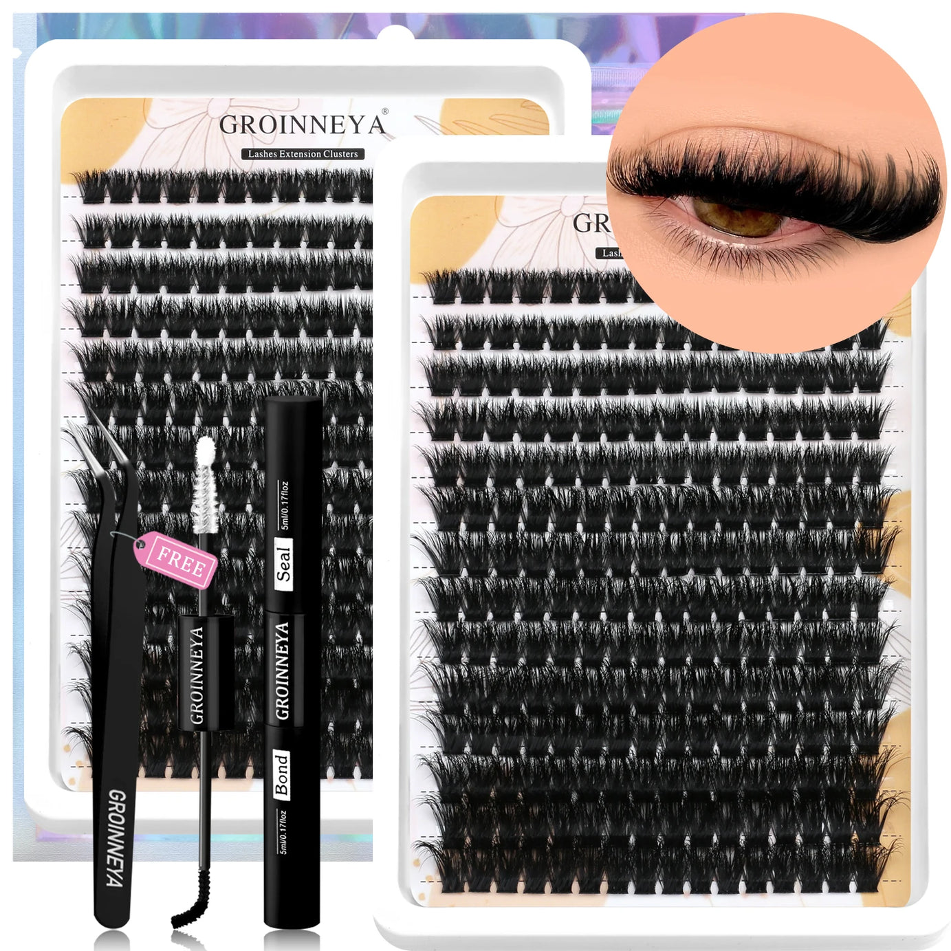 Kit de faux cils GROINNEYA avec patchs waterproof à tenue forte, kit d'extension de cils à faire soi-même, colle et fixateur, pince à épiler et maquillage.