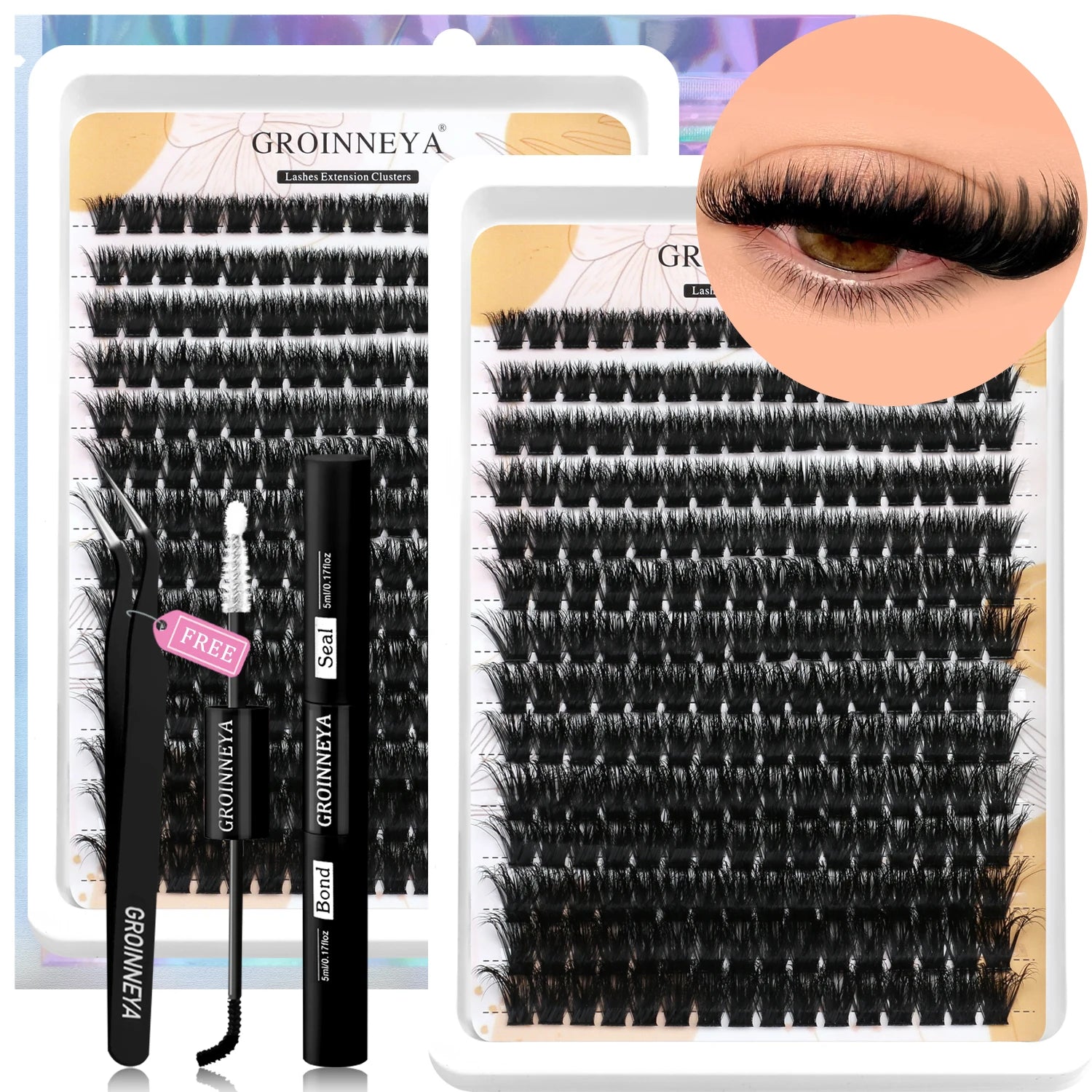 Kit de faux cils GROINNEYA avec patchs waterproof à tenue forte, kit d'extension de cils à faire soi-même, colle et fixateur, pince à épiler et maquillage.