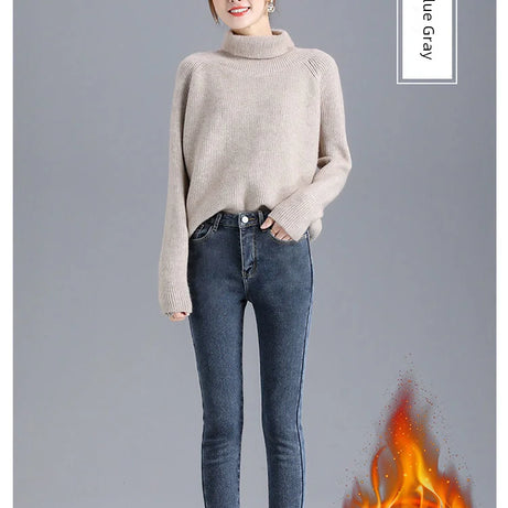 Jean d'hiver épais doublé polaire pour femme, amincissant, chaud et élastique, coupe crayon