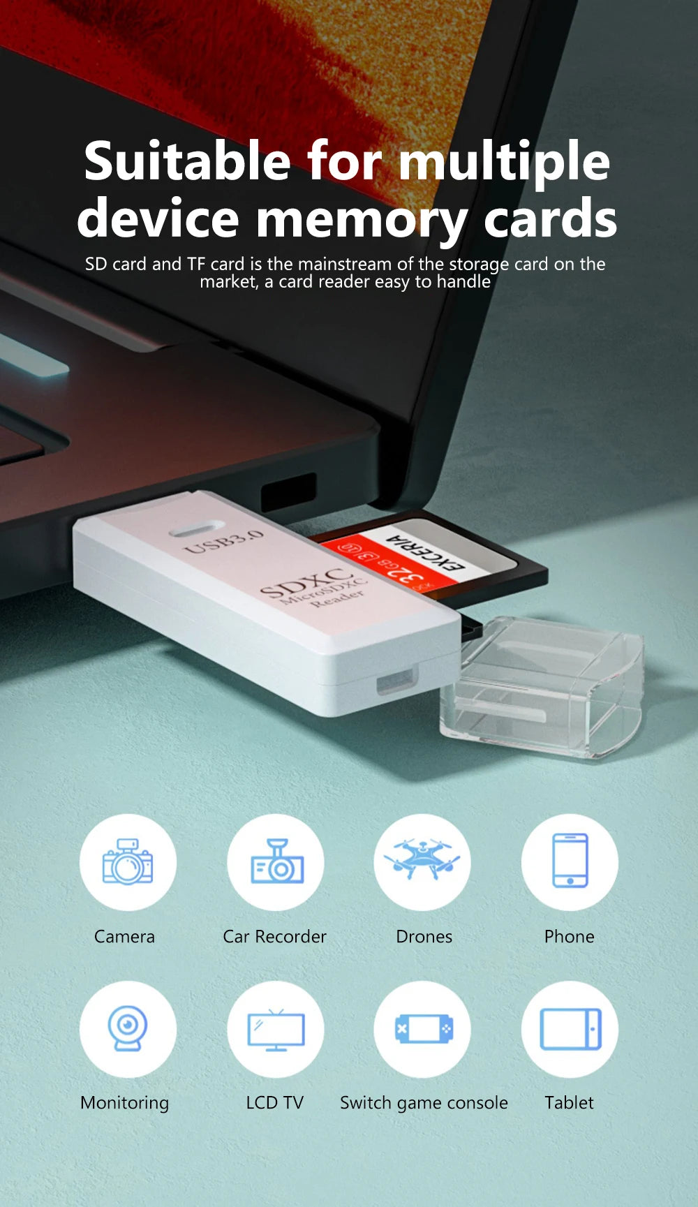 Lecteur de cartes USB 3.0 2 en 1, lecteur de cartes micro TF/SD, adaptateur USB, lecteur de cartes haute vitesse pour cartes mémoire TF, accessoires pour PC et ordinateur portable