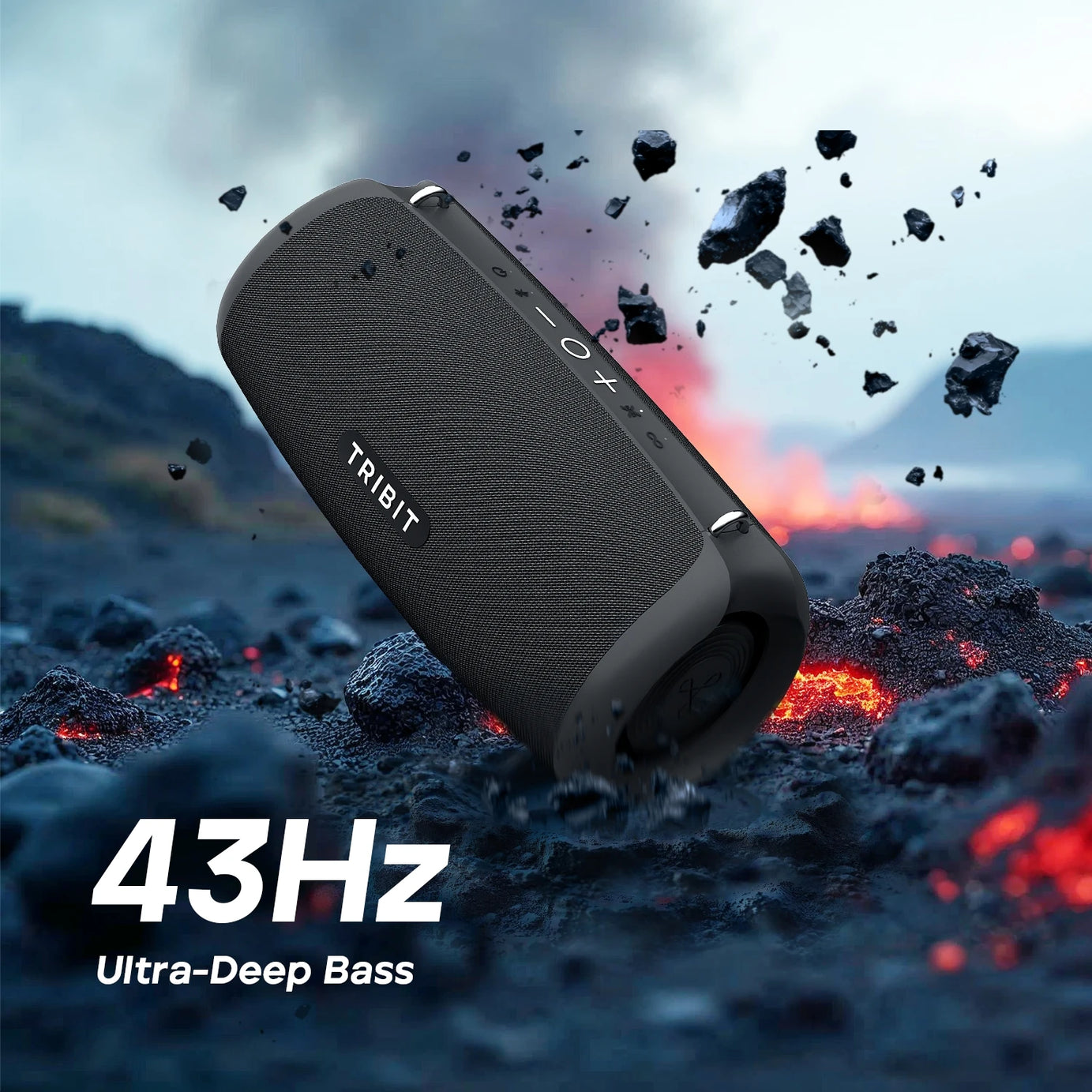 Enceinte Bluetooth portable TRIBIT StormBox Lava 80W avec batterie externe intégrée, contrôle via application, étanche IP67, idéale pour les activités de plein air, le camping et les fêtes.