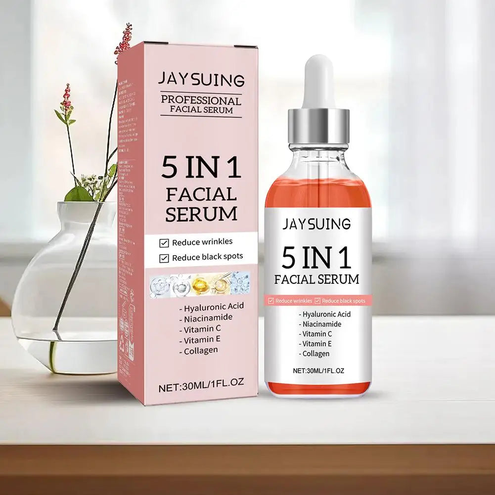 Sérum visage 5 en 1 : Atténue les ridules, raffermit, hydrate et illumine le teint, enrichi en vitamine C et en acide hyaluronique, resserre les pores. Soin de la peau.