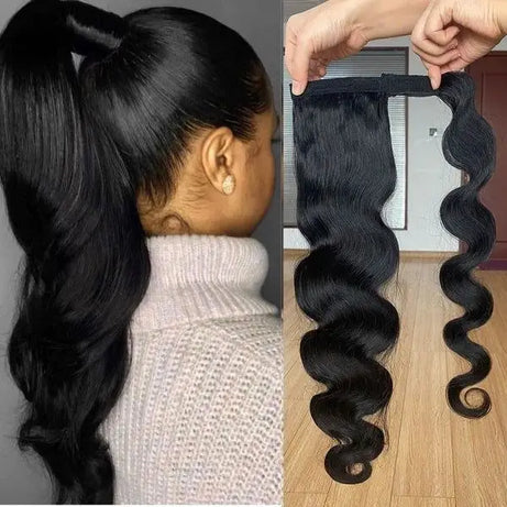 Queue de cheval lisse de 25 à 80 cm, confectionnée à la machine, avec clips magiques, extensions de cheveux humains brésiliens Remy noirs et bouclés.
