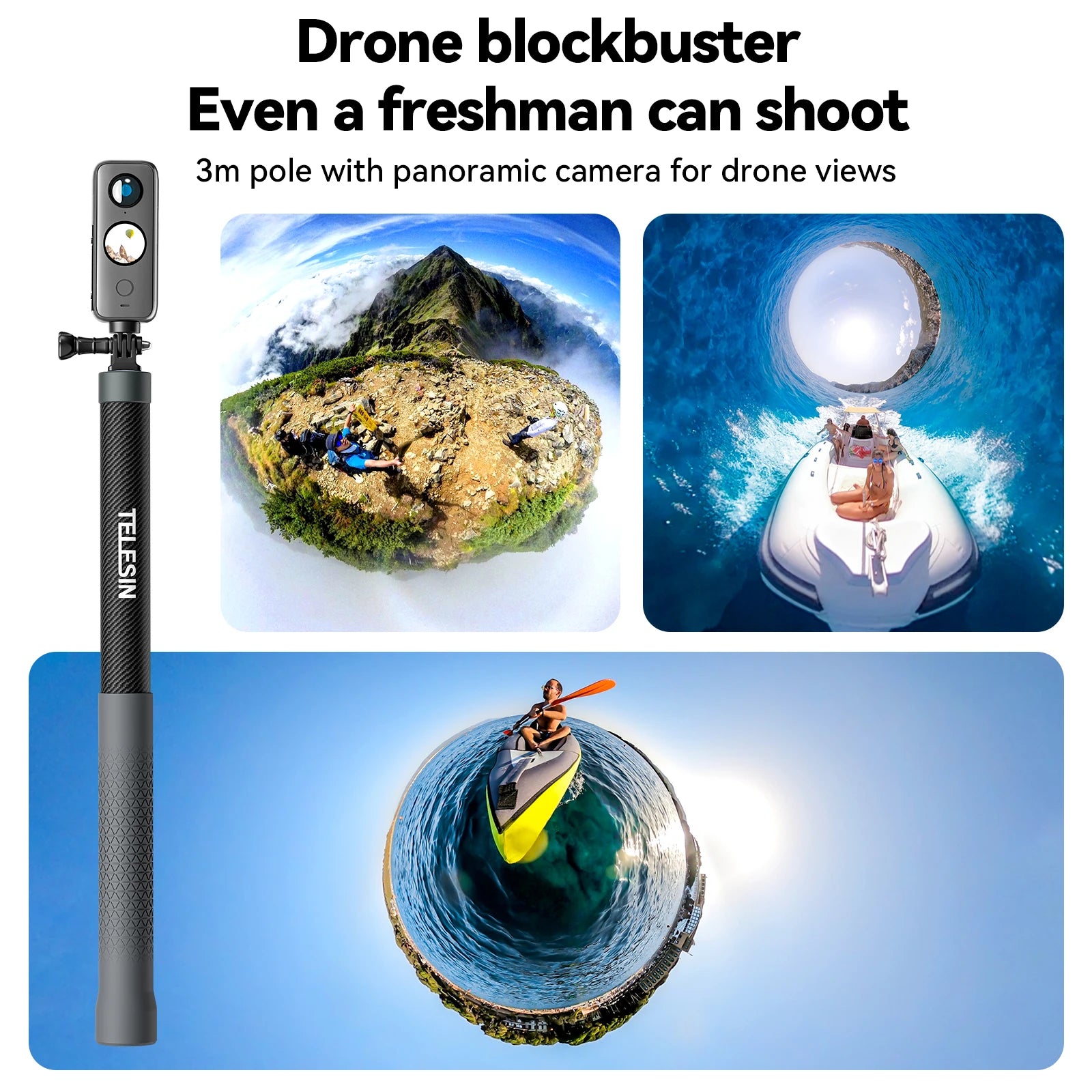 Perche à selfie monopode extensible TELESIN en fibre de carbone de 1,2 m x 3 m, avec vis 1/4", compatible avec les caméras d'action GoPro, Insta360, Osmo Action et DJI.