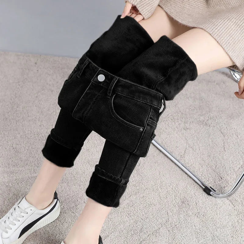 Pantalones vaqueros de invierno para mujer, gruesos, con forro polar, corte ajustado, cálidos y elásticos.