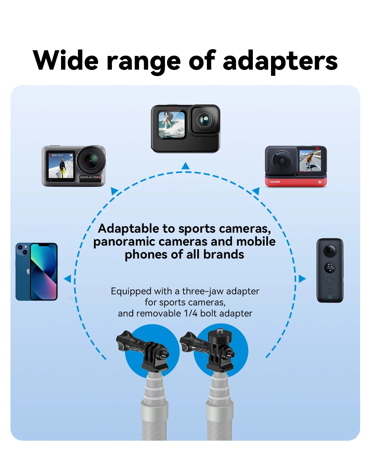 Perche à selfie monopode extensible TELESIN en fibre de carbone de 1,2 m x 3 m, avec vis 1/4", compatible avec les caméras d'action GoPro, Insta360, Osmo Action et DJI.