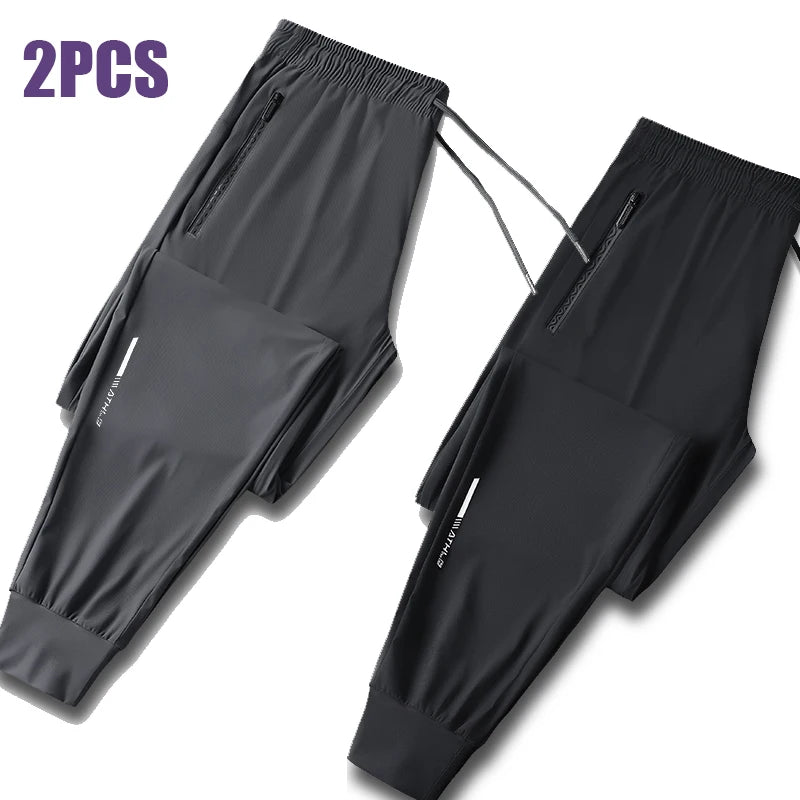 Pantalon en soie glacée de haute qualité pour homme, coupe slim décontractée, idéal pour l'été. Grande élasticité, séchage rapide, parfait pour la course et les activités de plein air.