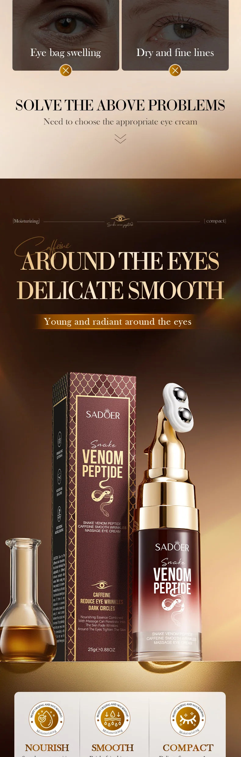 Crème contour des yeux SADOER à base de venin de serpent, de peptides et de caféine, anti-rides, massante, anti-cernes et hydratante. Soin anti-âge pour les yeux.