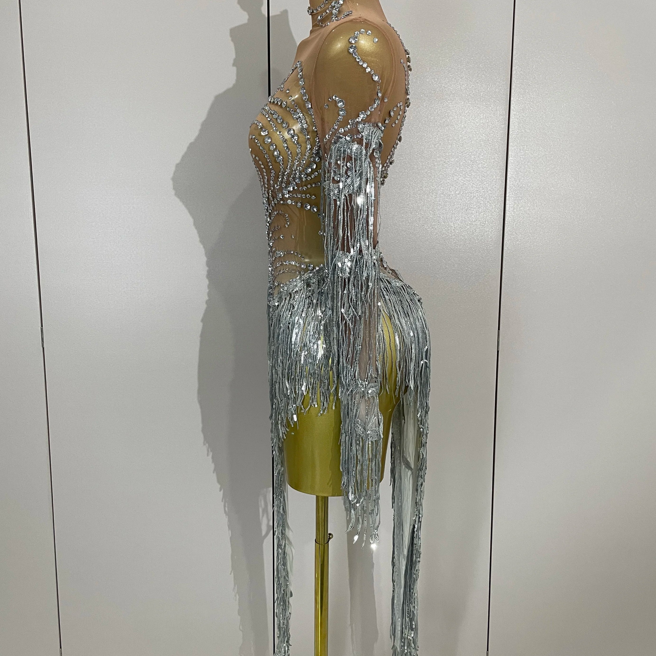 Women Sparkly Rhinestone Pearl Sequins Tassel Sexy Transparent Dress Evening Birthday Party Nightclub Dance Singer Stage Outfit