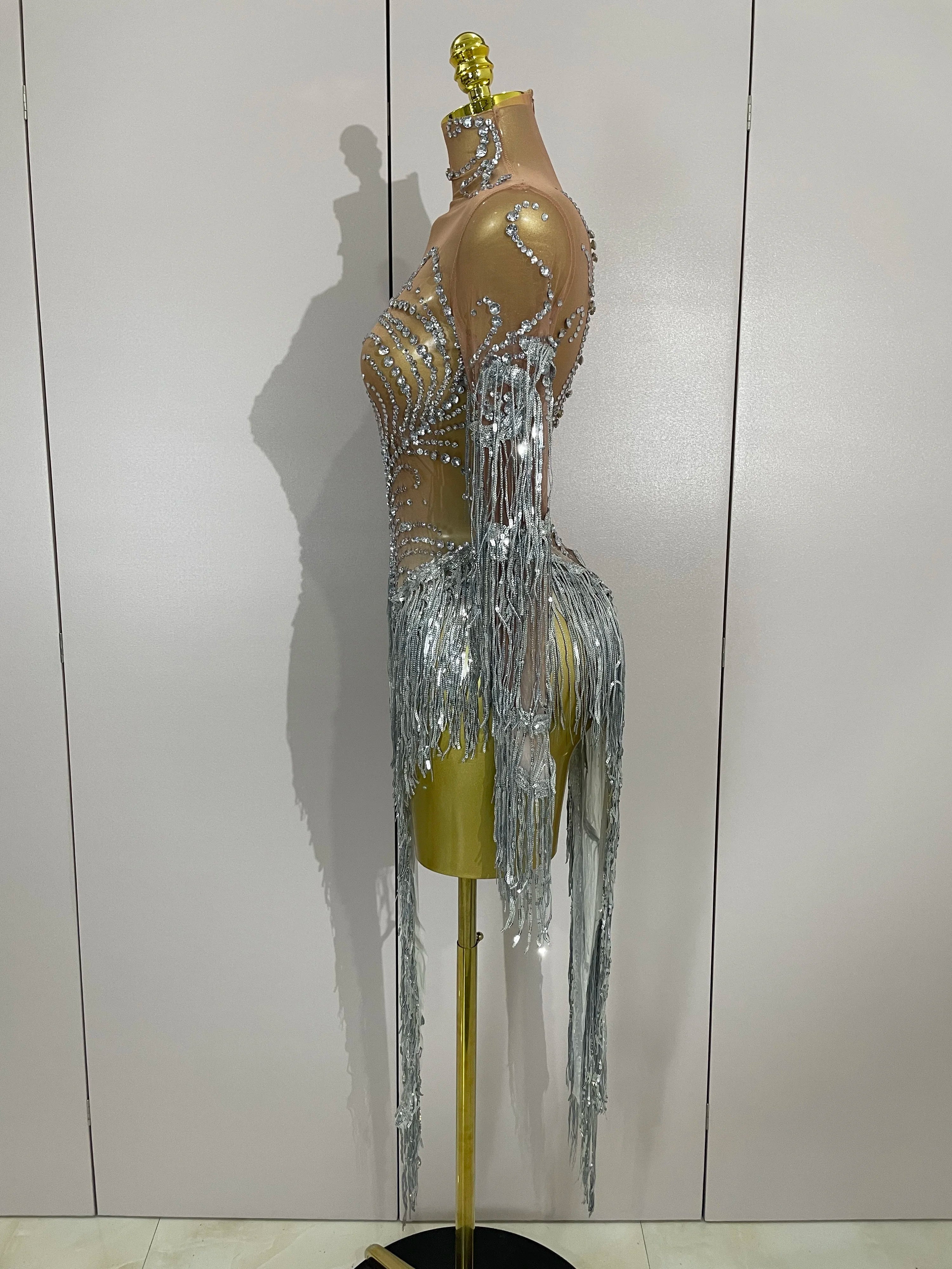 Women Sparkly Rhinestone Pearl Sequins Tassel Sexy Transparent Dress Evening Birthday Party Nightclub Dance Singer Stage Outfit