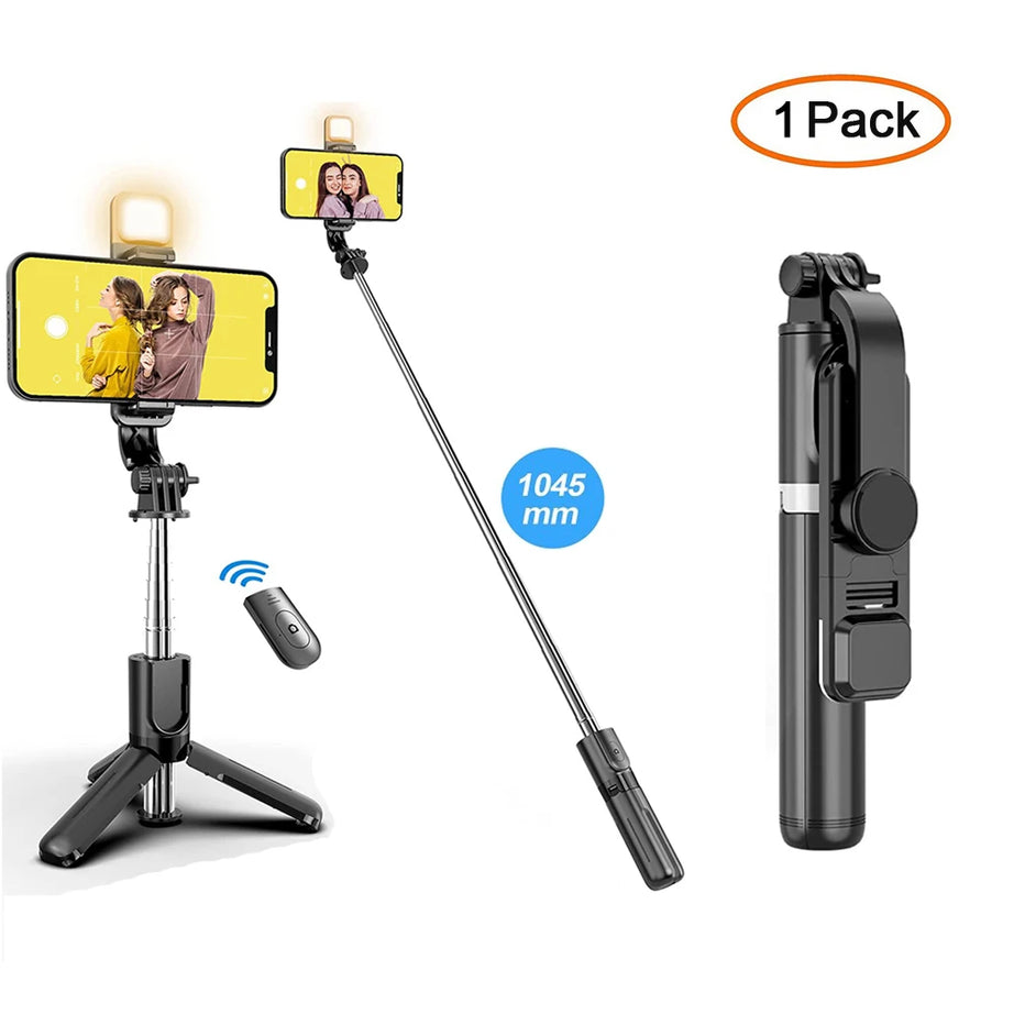 Perche à selfie sans fil Bluetooth avec trépied pliable et portable, éclairage d'appoint et télécommande pour smartphones Android et iPhone.
