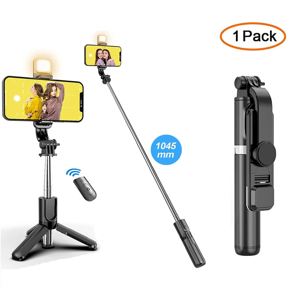 Perche à selfie sans fil Bluetooth avec trépied pliable et portable, éclairage d'appoint et télécommande pour smartphones Android et iPhone.