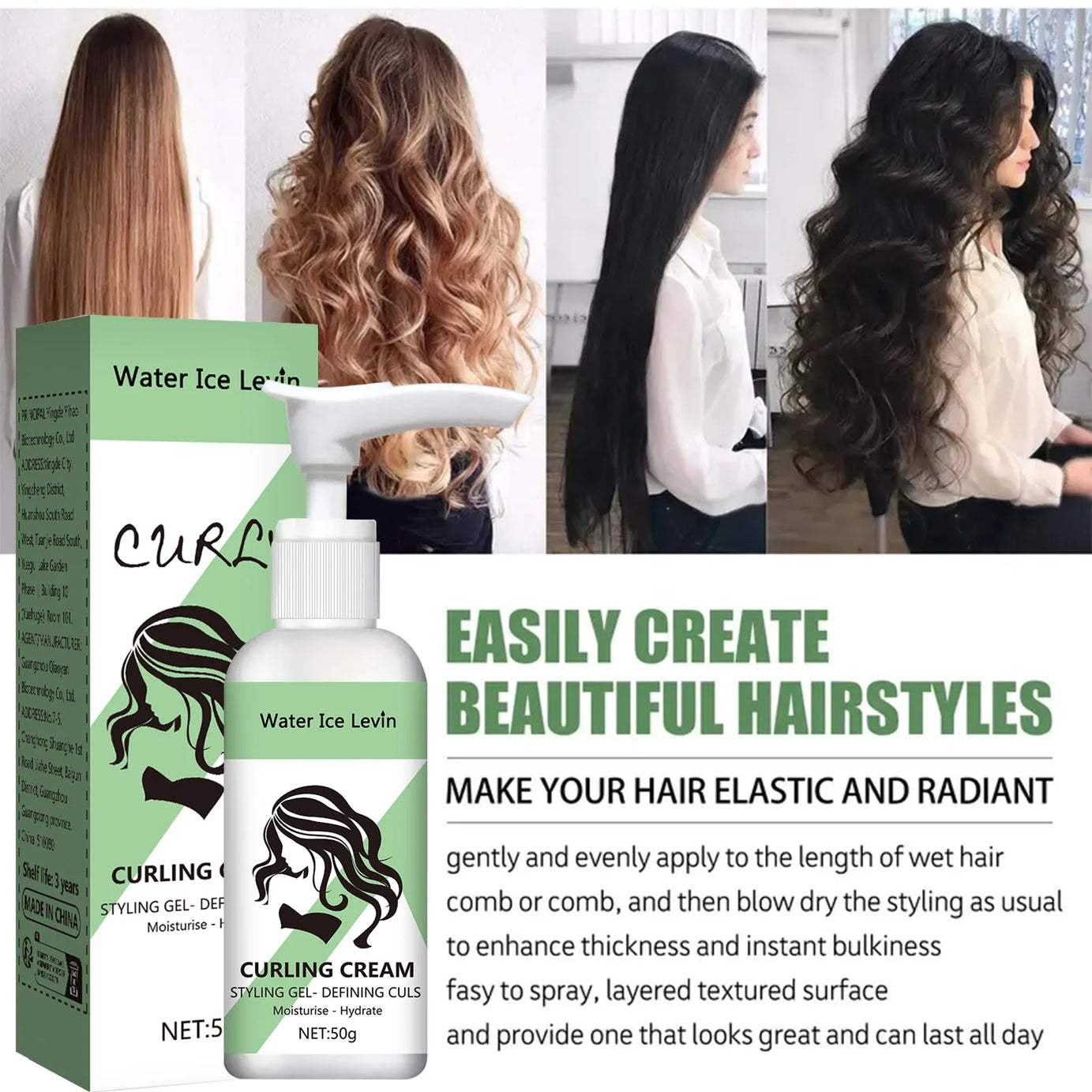Crème coiffante pour cheveux bouclés, formule hydratante et lissante, améliore l'élasticité et la brillance des cheveux bouclés, facile à coiffer