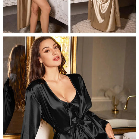 Ensemble 3 pièces de pyjama sexy pour femme, comprenant nuisettes en satin, robes de nuit et peignoirs courts.