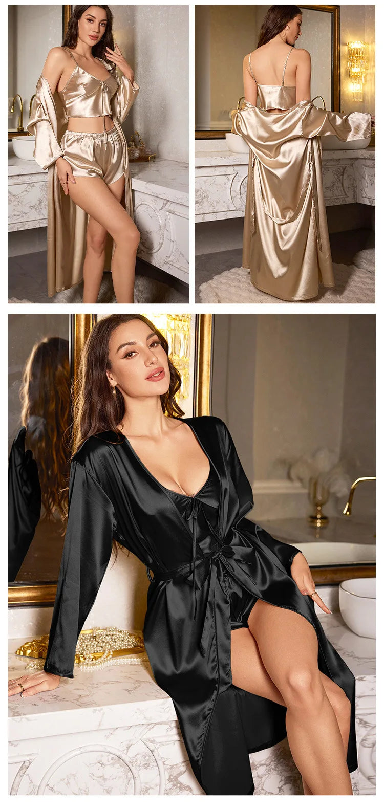 Ensemble 3 pièces de pyjama sexy pour femme, comprenant nuisettes en satin, robes de nuit et peignoirs courts.