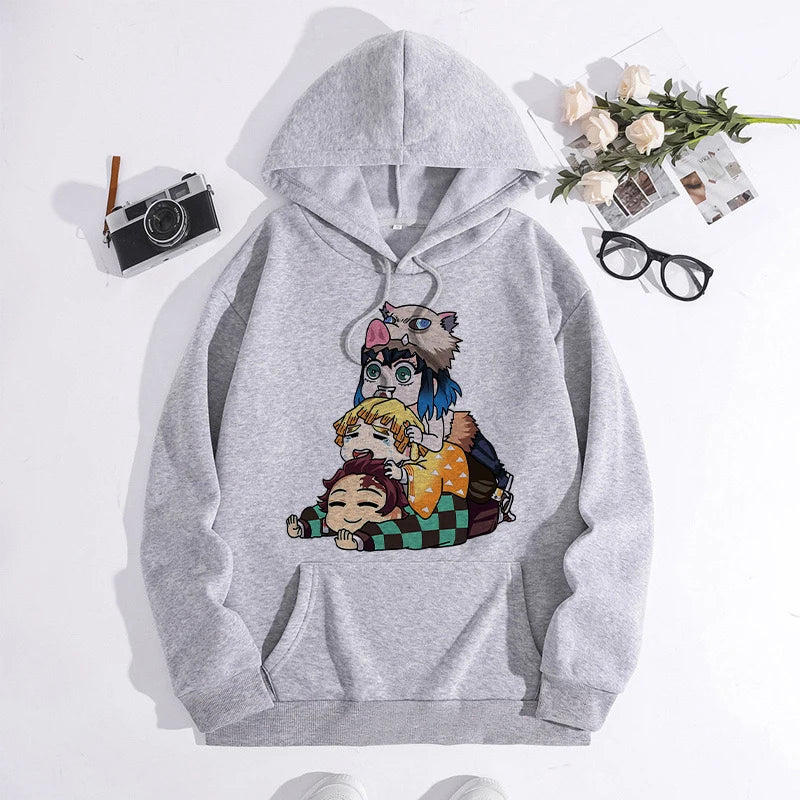 Japanese Anime Demon Slayer Hoodie Unisex Kamado Tanjirou Graphic Sweatshirts Greys Y2k Harajuku Fashion Cartoon Pullover Winter