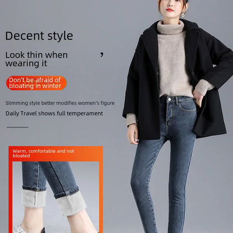 Jean d'hiver épais doublé polaire pour femme, amincissant, chaud et élastique, coupe crayon