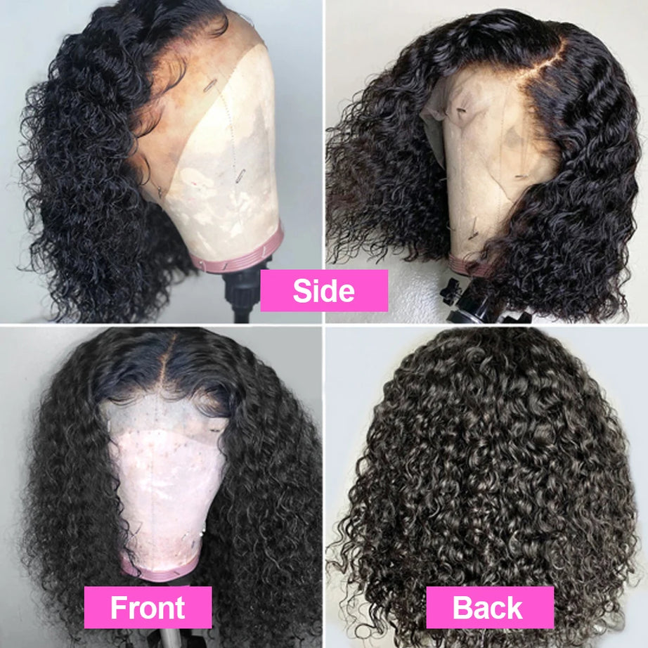 Perruques bouclées au carré, cheveux humains brésiliens, 13x4 Deep Water Wave, perruques frontales en dentelle 5x1 et 13x1 avec raie en T, pour femmes, pré-épilées à 200 %.