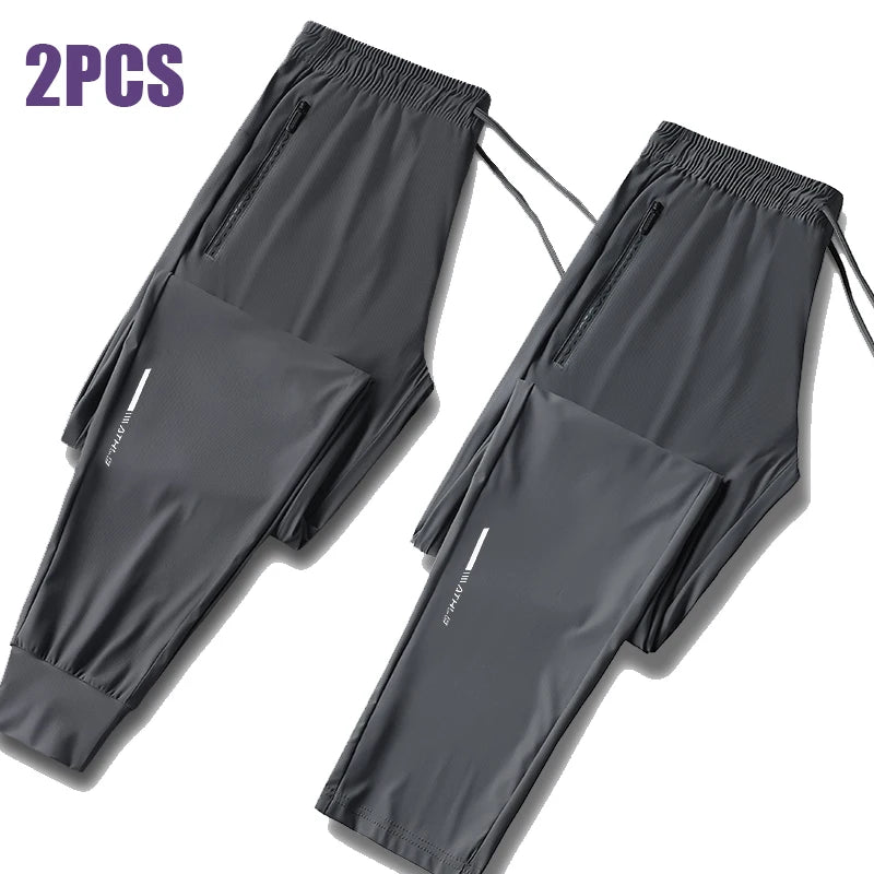 Pantalon en soie glacée de haute qualité pour homme, coupe slim décontractée, idéal pour l'été. Grande élasticité, séchage rapide, parfait pour la course et les activités de plein air.