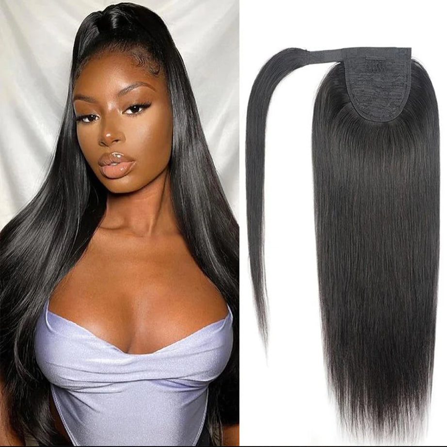 Queue de cheval lisse de 25 à 80 cm, confectionnée à la machine, avec clips magiques, extensions de cheveux humains brésiliens Remy noirs et bouclés.