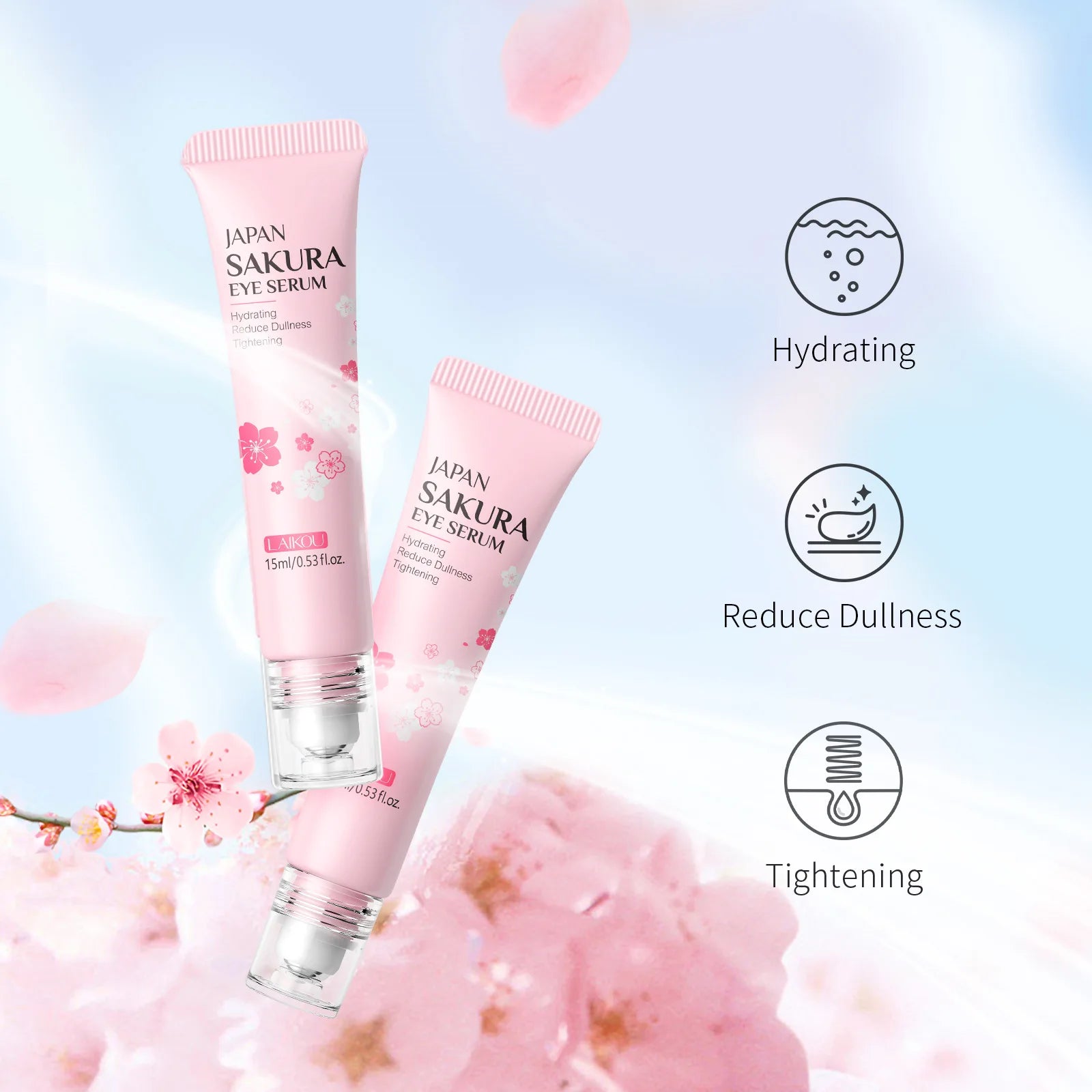 LAIKOU Sakura Eye Serum Roller Massage con ácido hialurónico para el cuidado de la piel, bolsas en los ojos, crema hidratante para ojeras 15 ml
