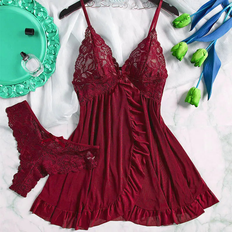 Robe de nuit d'été sexy et chaude, sans manches, dos nu, en dentelle transparente, couleur unie, pyjama doux, ensemble string court à col en V
