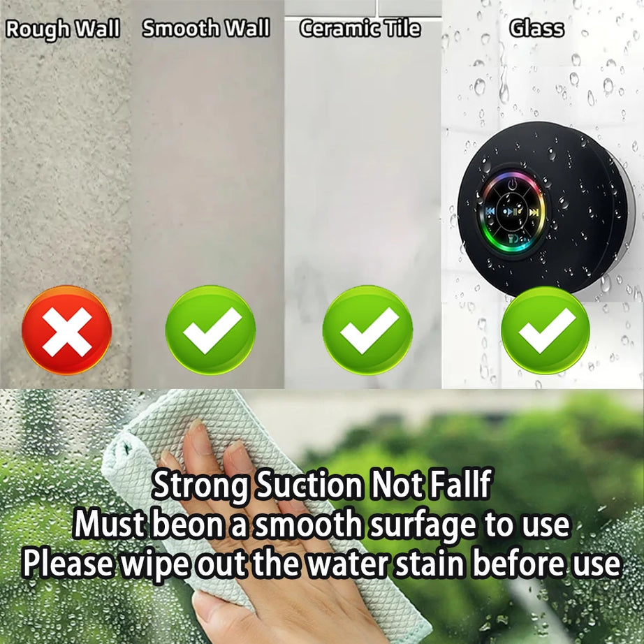 Portable Wireless Bluetooth Speaker LED Light IPX4 Waterproof Loudspeaker Outdoor Bathroom Large Suction Cup Stereo Sound Box