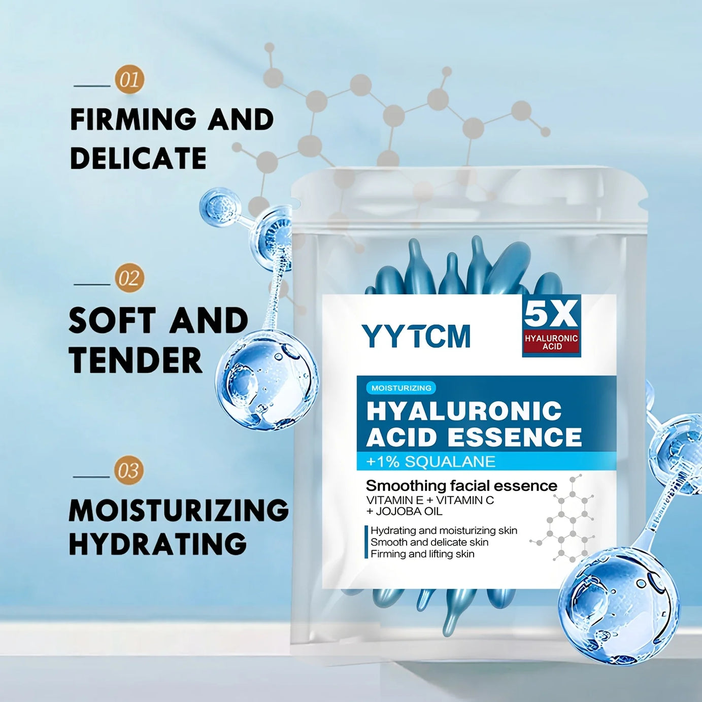 Capsules d'essence hydratante intense à l'acide hyaluronique, sérum hydratant et illuminateur pour la peau (0,4 g x 30 capsules) - 1 sachet