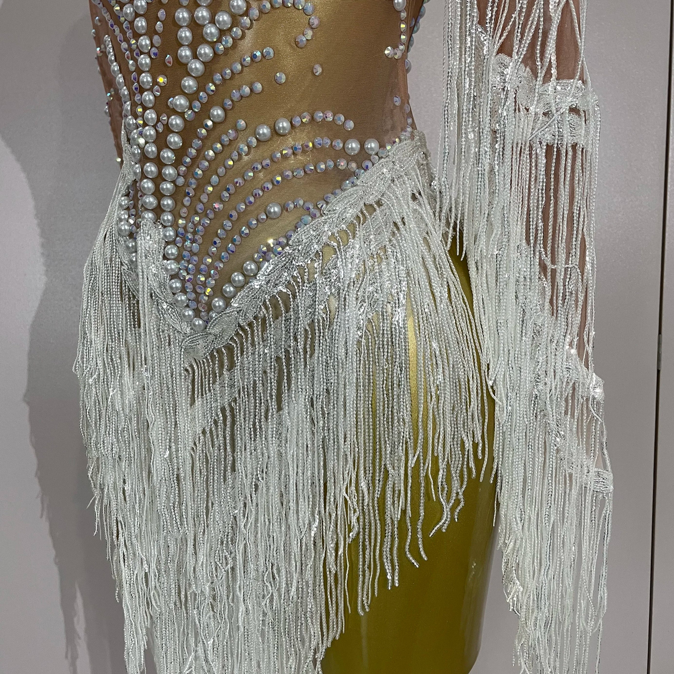 Women Sparkly Rhinestone Pearl Sequins Tassel Sexy Transparent Dress Evening Birthday Party Nightclub Dance Singer Stage Outfit