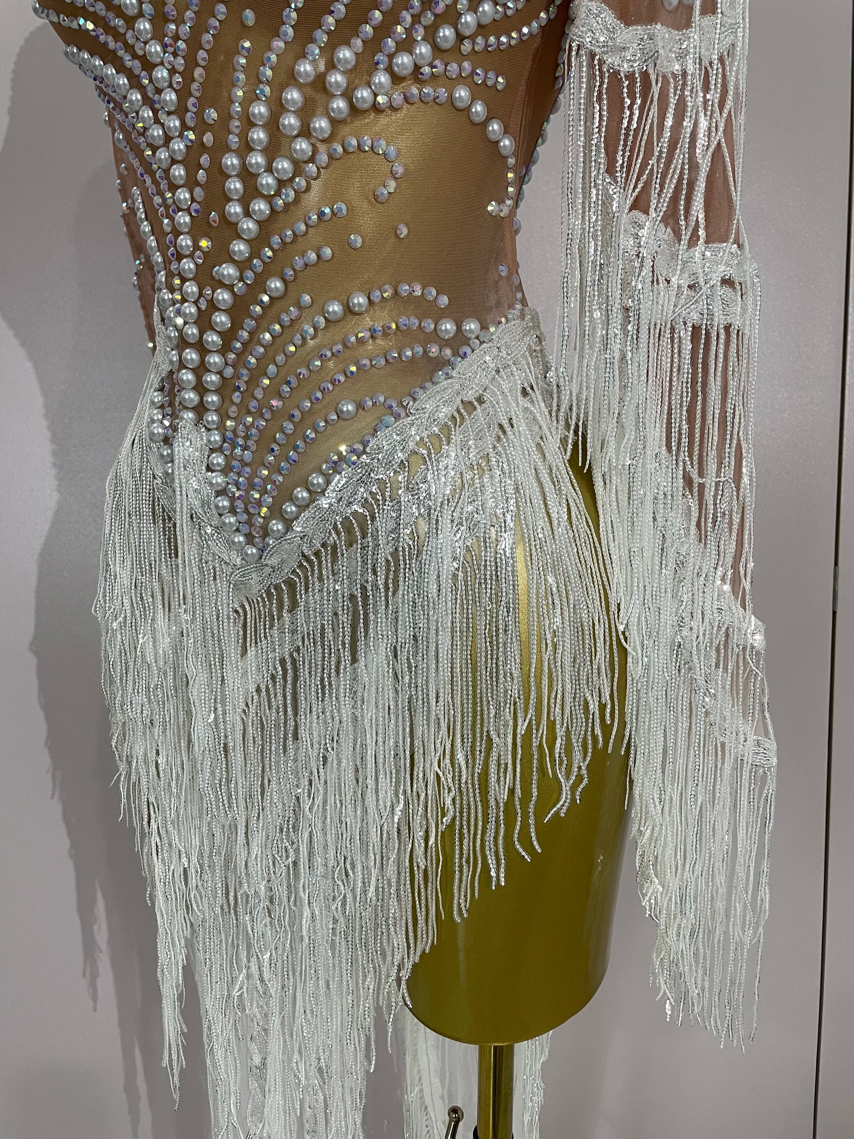 Women Sparkly Rhinestone Pearl Sequins Tassel Sexy Transparent Dress Evening Birthday Party Nightclub Dance Singer Stage Outfit