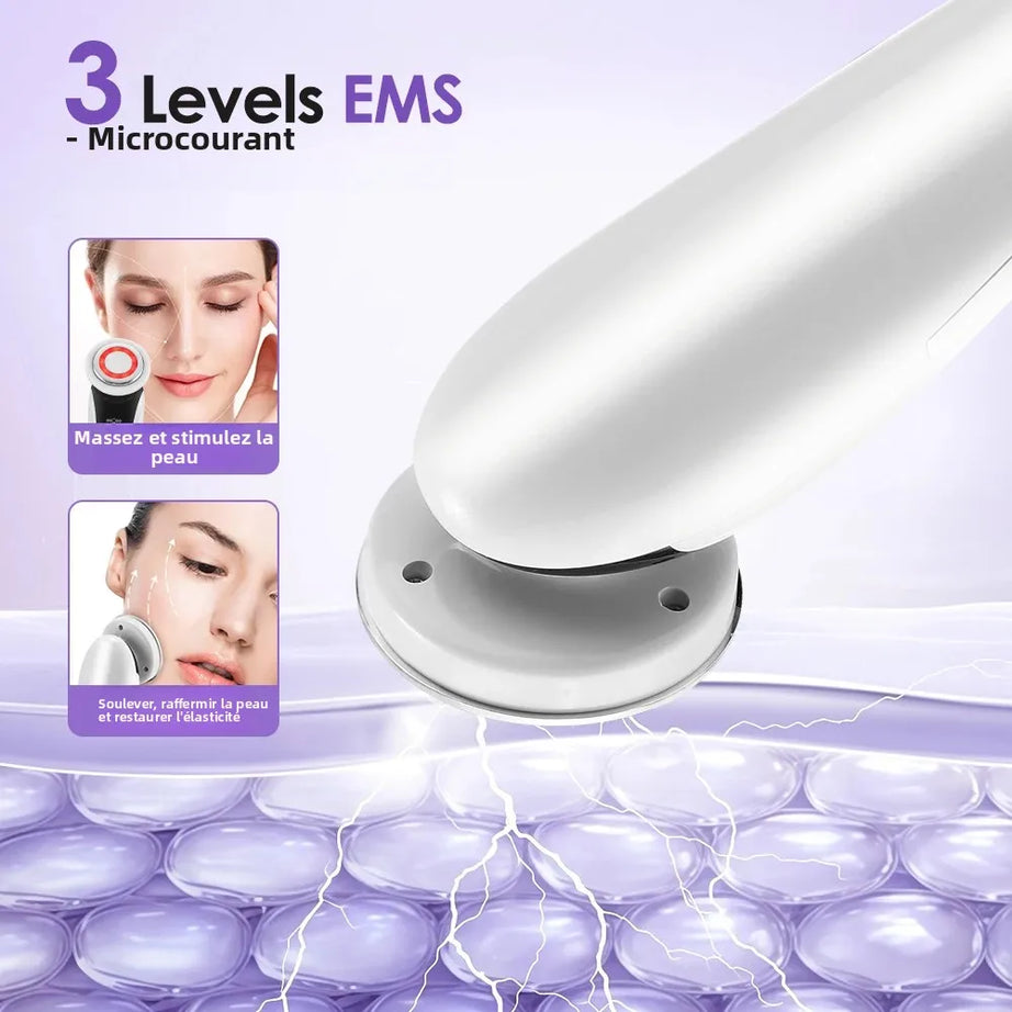 Appareil de massage facial EMS 7 en 1, instrument de beauté pour le visage avec vibrations induites, compresses chaudes et thérapie par la lumière LED.
